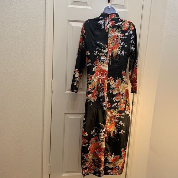 Laogudai 2 XL Black Red High Neck Long Sleeve Zip Back Asian Floral Maxi Dress - Picture 6 of 9